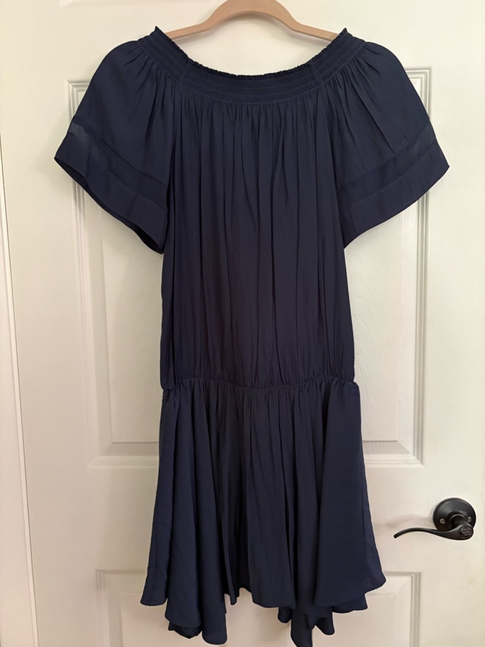 Ramy Brook Navy Off-Shoulder Smocked drop waist mini Dress